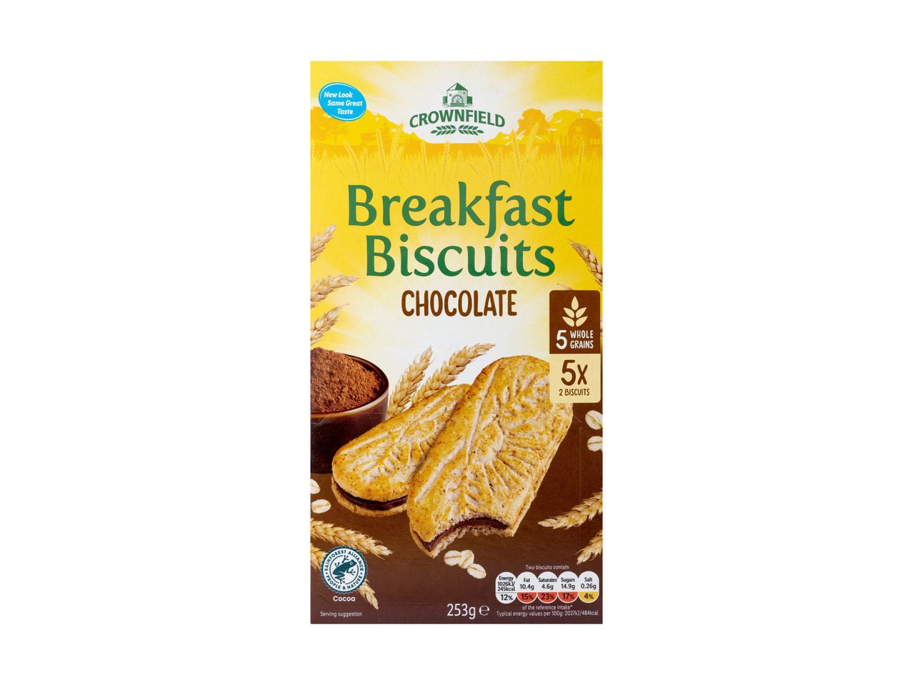 Crownfield Breakfast Biscuits, Chocolate flavor, with 5 whole grains.