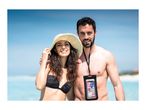 Couple on a beach, man wearing a waterproof phone pouch with a smartphone inside.