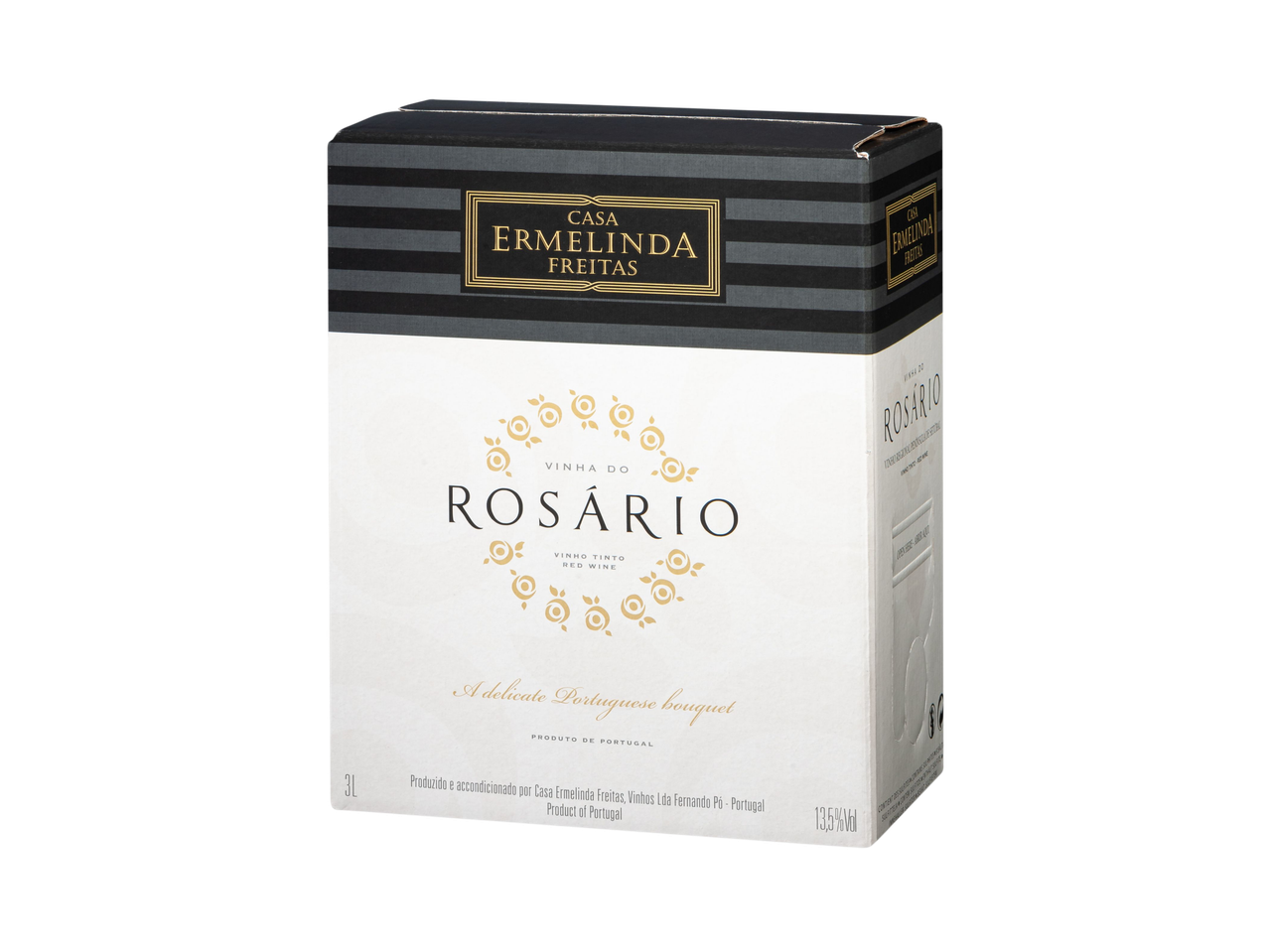 Caixa de vinho tinto de 3L com design elegante e detalhes dourados.