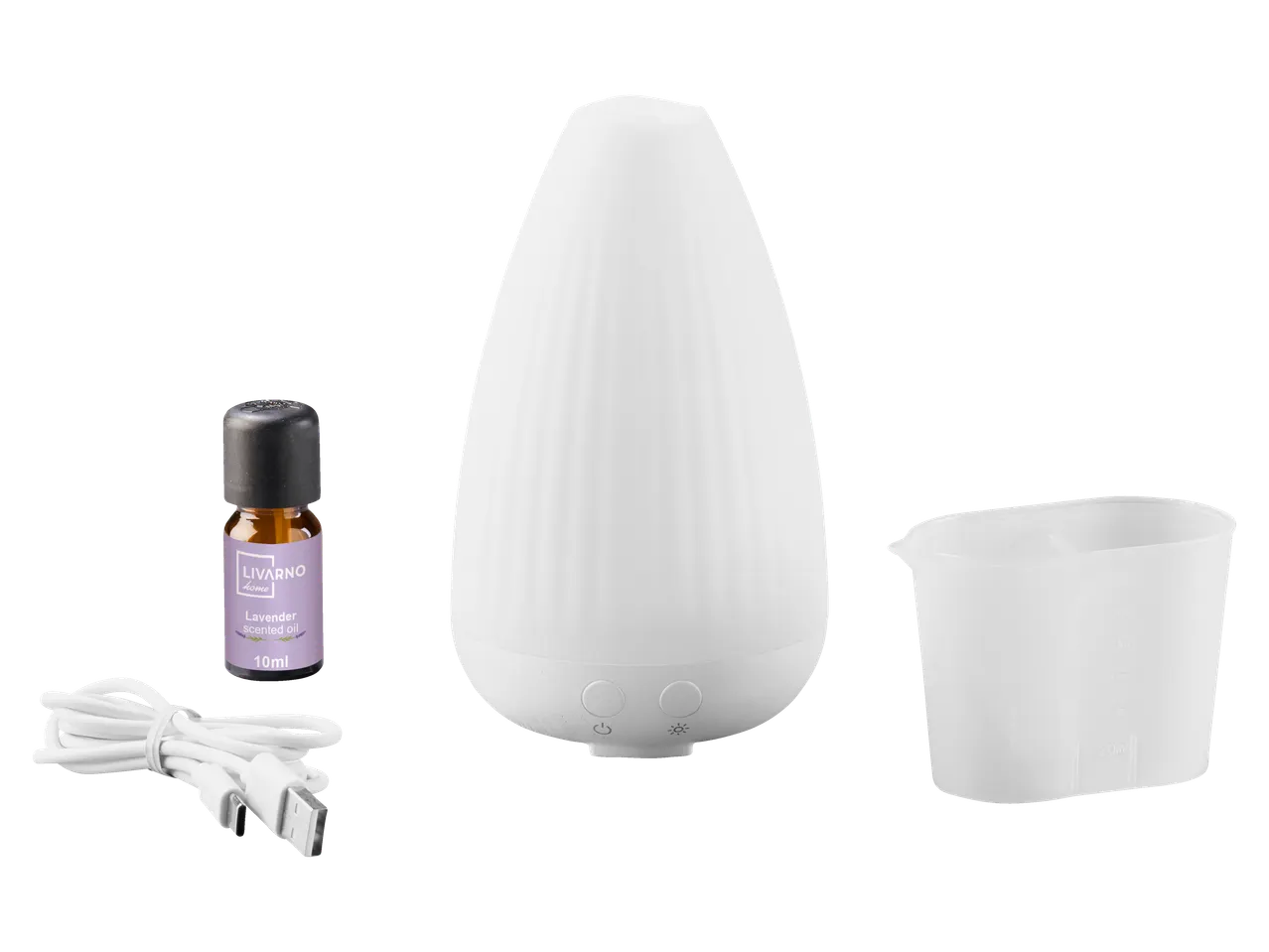 Difuzor de aromă ultrasonic LIVARNO home cu ulei de lavandă, cană de măsurare și cablu USB
