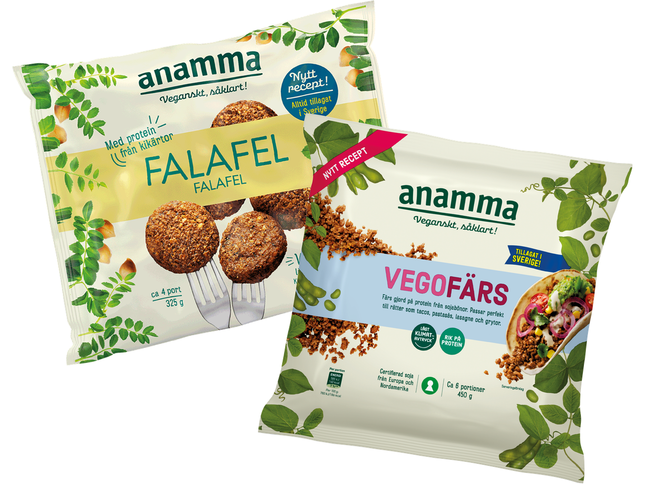 Anamma falafel och vegofärs, frysta vegetariska produkter.