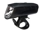 Black bicycle headlight with a clear lens and a flexible mounting strap.