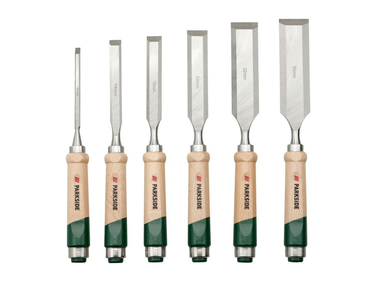 Set of six wood chisels with wooden handles, ranging from 6mm to 35mm in size.