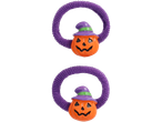 Two Halloween pumpkin hair ties with witch hats.