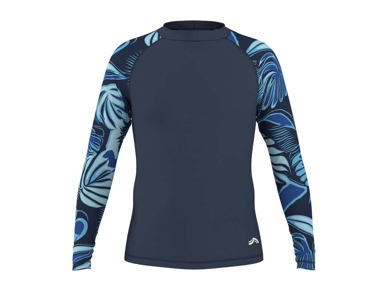Navy blue long-sleeve rash guard with blue tropical leaf pattern on the sleeves.