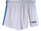 White kids' training shorts with blue side stripes and 'GRASSROOTS SPORTS' logo.