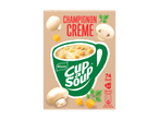 Verpakking voor champignoncrèmesoep met een kopje soep, champignons en croutons.