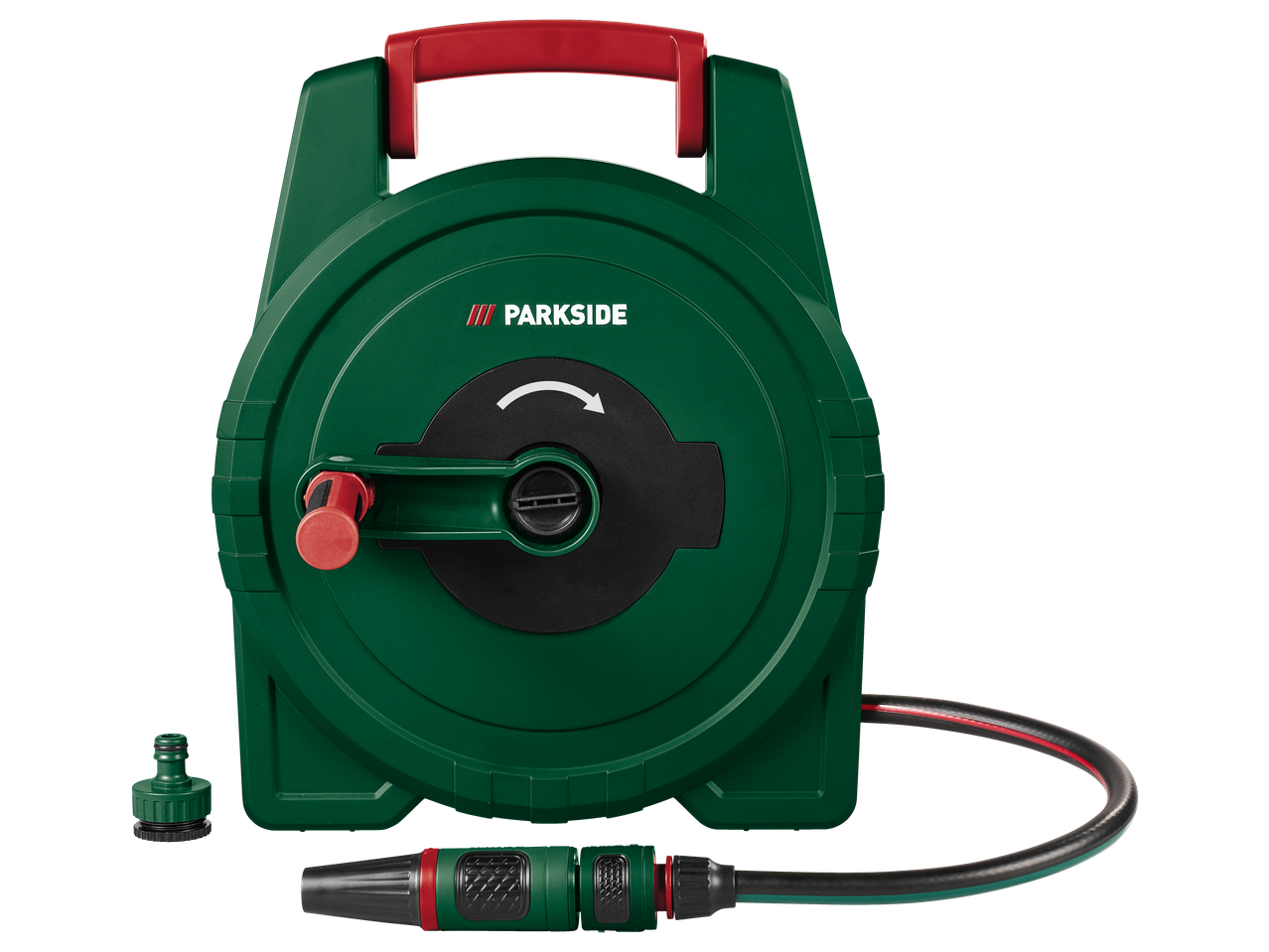 Zeleni kotur za baštensko crevo sa crevom i dodacima, sa crvenom ručicom i drškom.