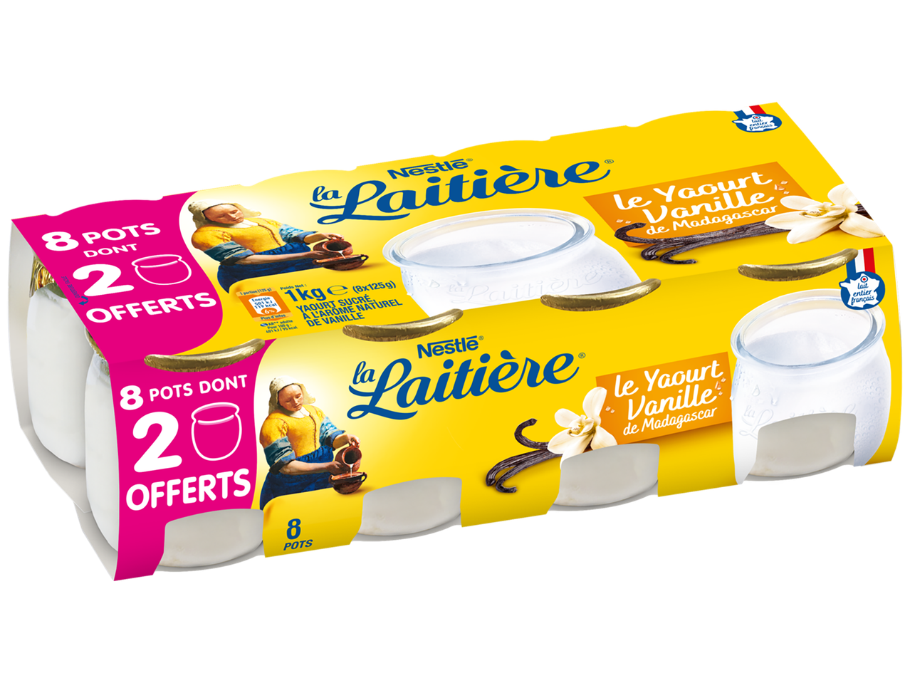 Pack de yaourts à la vanille, 8 pots dont 2 offerts, avec une laitière et des gousses de vanille.