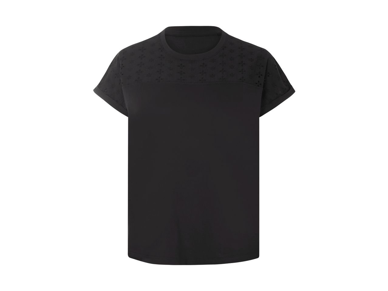 En sort t-shirt med blonderdetaljer øverst.