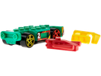 Carro de brinquedo Hot Wheels verde, vermelho e amarelo com blocos de construção.