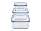 Three clear glass food storage containers with light blue lids, stacked from smallest to largest.