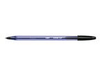 A BIC Cristal Soft ballpoint pen in translucent blue with a black cap.