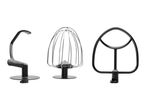 Three black and silver mixer attachments: a dough hook, a wire whisk, and a flat beater.