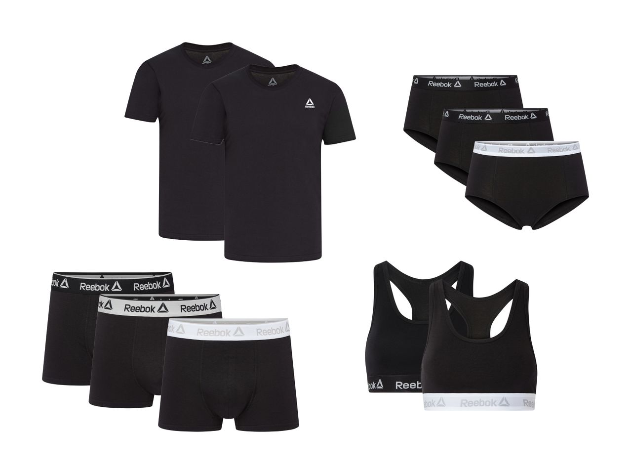 Sæt med sorte T-shirts, trusser, boksershorts og sports-bh'er med hvid linning.