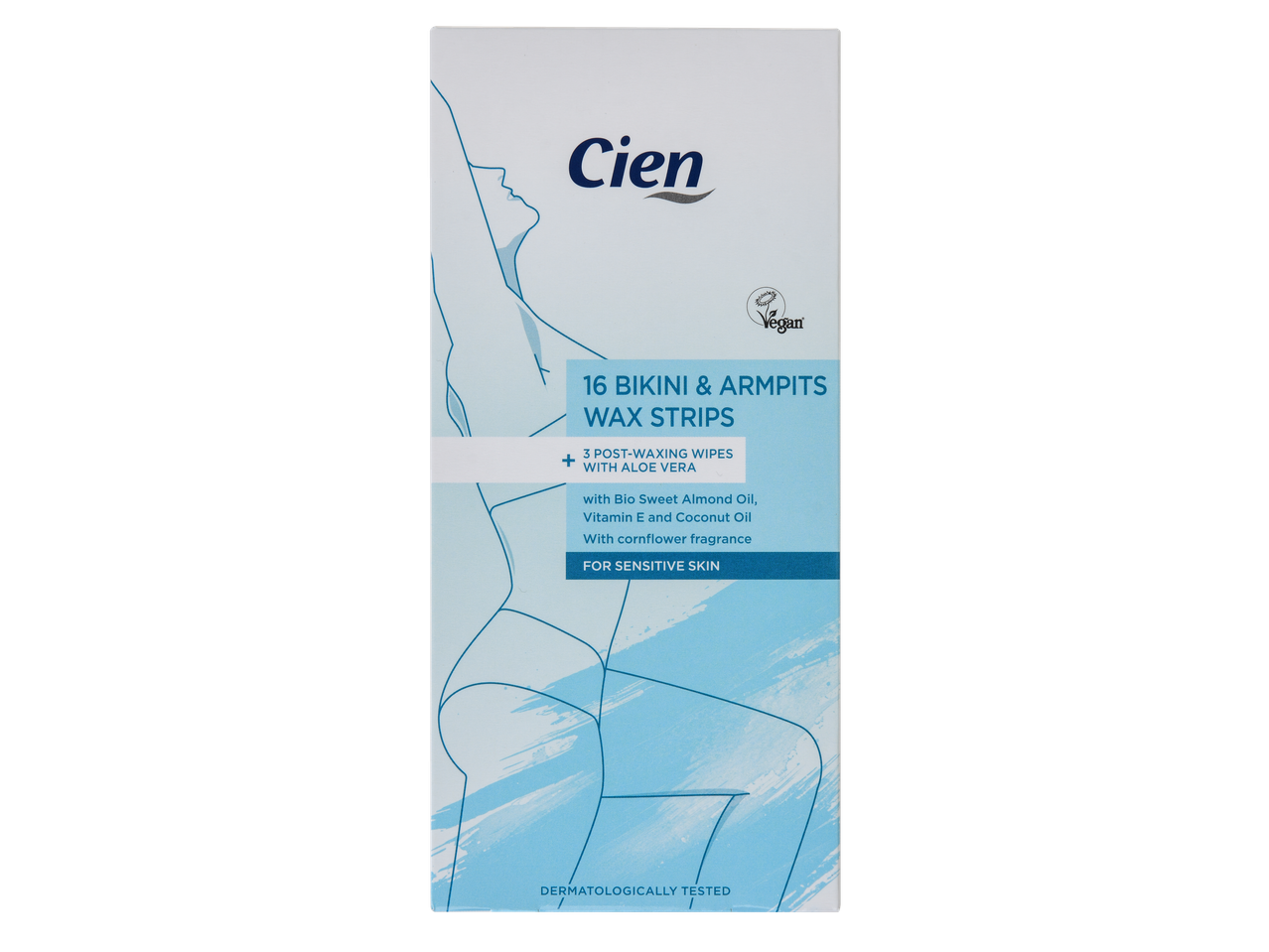 Cien Benzi depilatoare cu ceară rece para biquíni e axilas, com 16 tiras e 3 toalhetes pós-depilação.