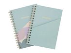 Two light blue spiral notebooks with gold 'NOTEBOOK' text, one partially overlapping the other.