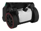A pressure washer with a detergent tank and wheels, featuring a black and red color scheme.