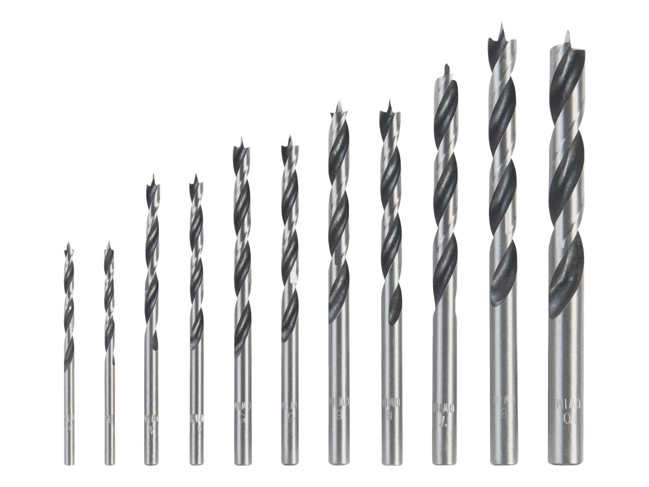 Un set de burghie pentru lemn de diferite dimensiuni, cu marcaje de la 3 la 10 mm.