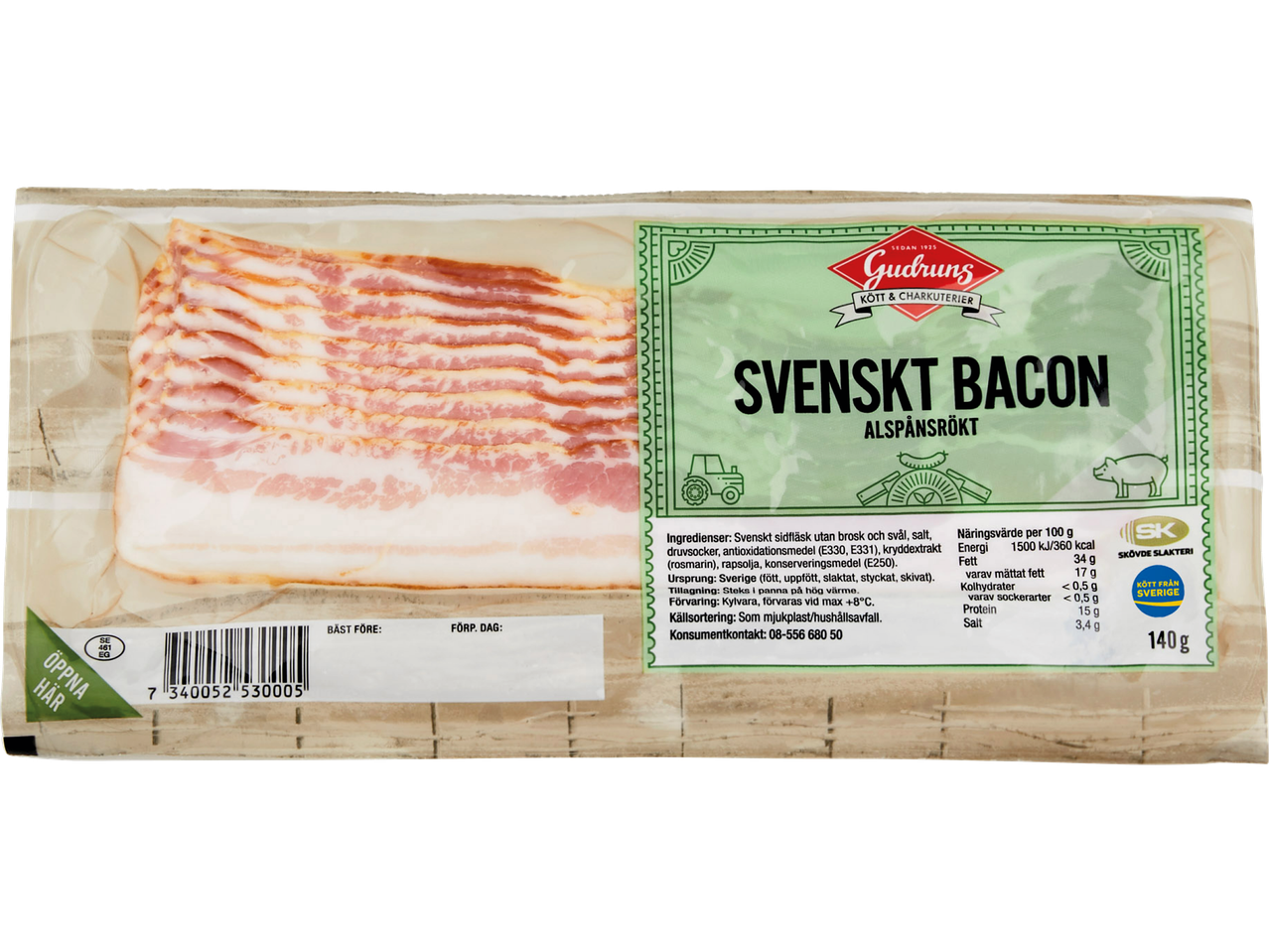 Förpackning med Gudruns svenskt alspånsrökt bacon (140g).