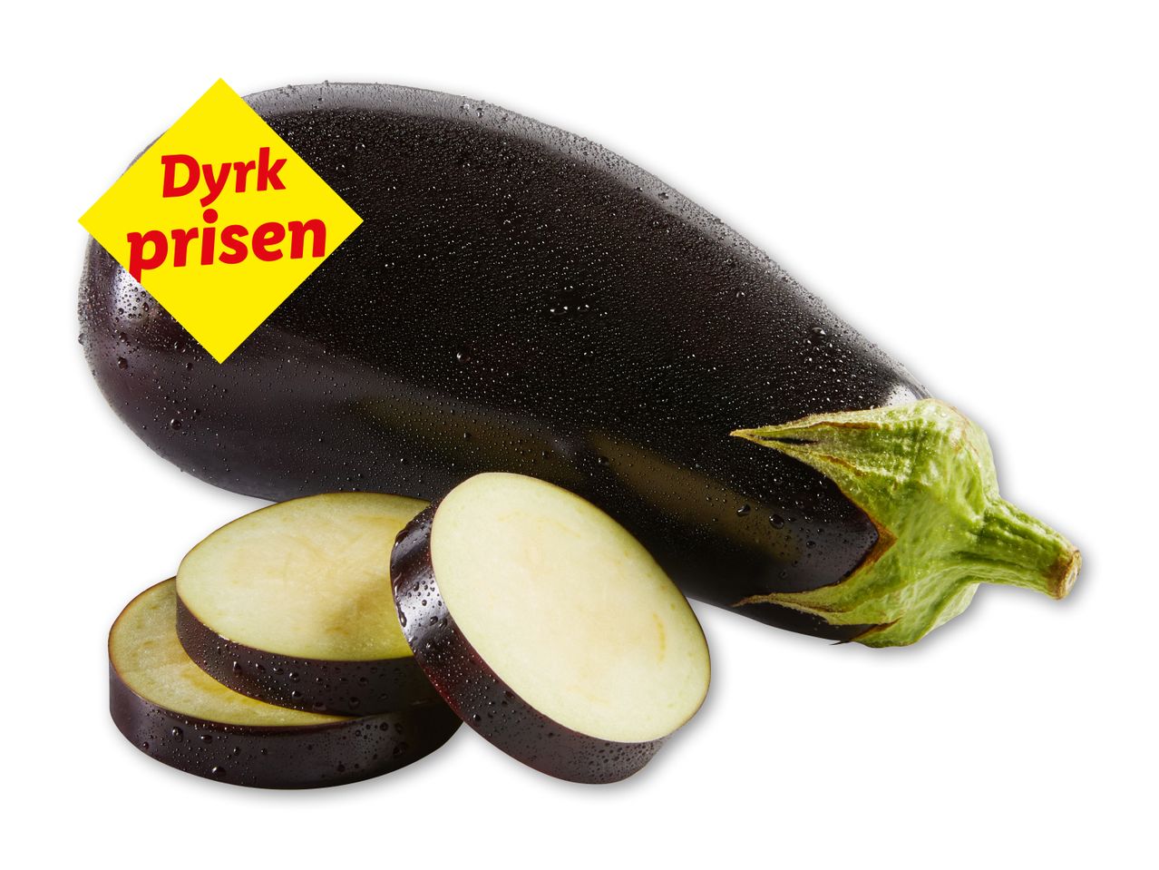 Aubergine med skiver og et gult skilt med teksten 'Dyrk prisen'.