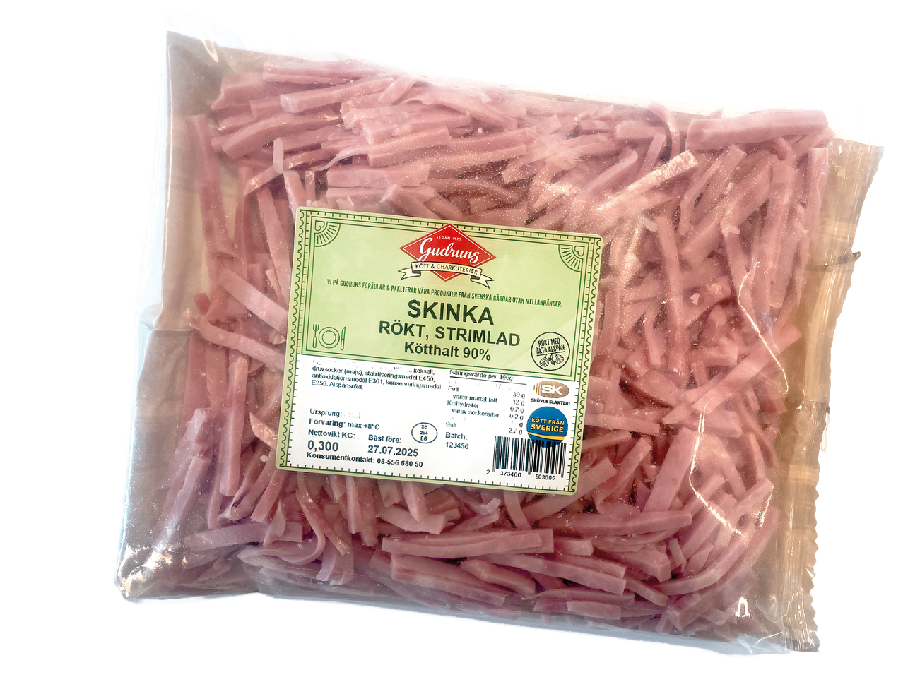 Förpackning med Gudruns rökt, strimlad skinka (300g), bäst före 27.07.2025.