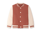 Baseballjacke in Rostrot und Beige mit weißen Knöpfen und Streifen.
