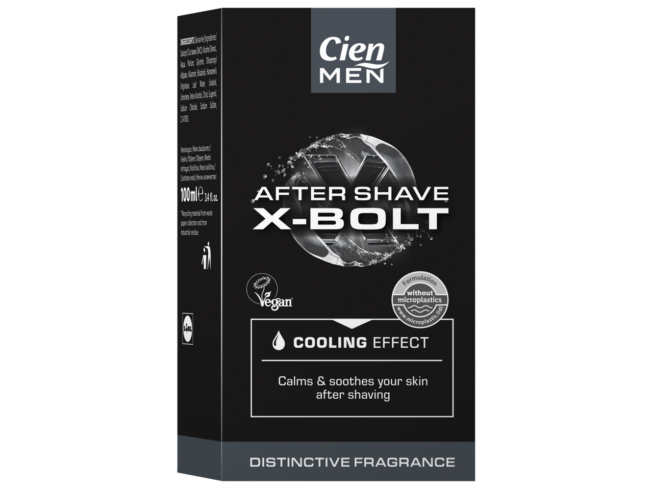 Loțiune Cien Men After Shave X-Bolt, vegană, cu efect răcoritor.