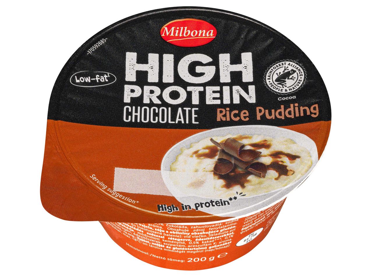Milbona High Protein csokoládés rizspuding, alacsony zsírtartalmú és magas fehérjetartalmú.