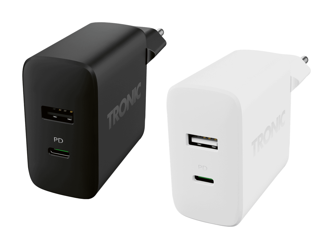 Deux chargeurs Tronic, un noir et un blanc, avec ports USB et indicateurs PD.