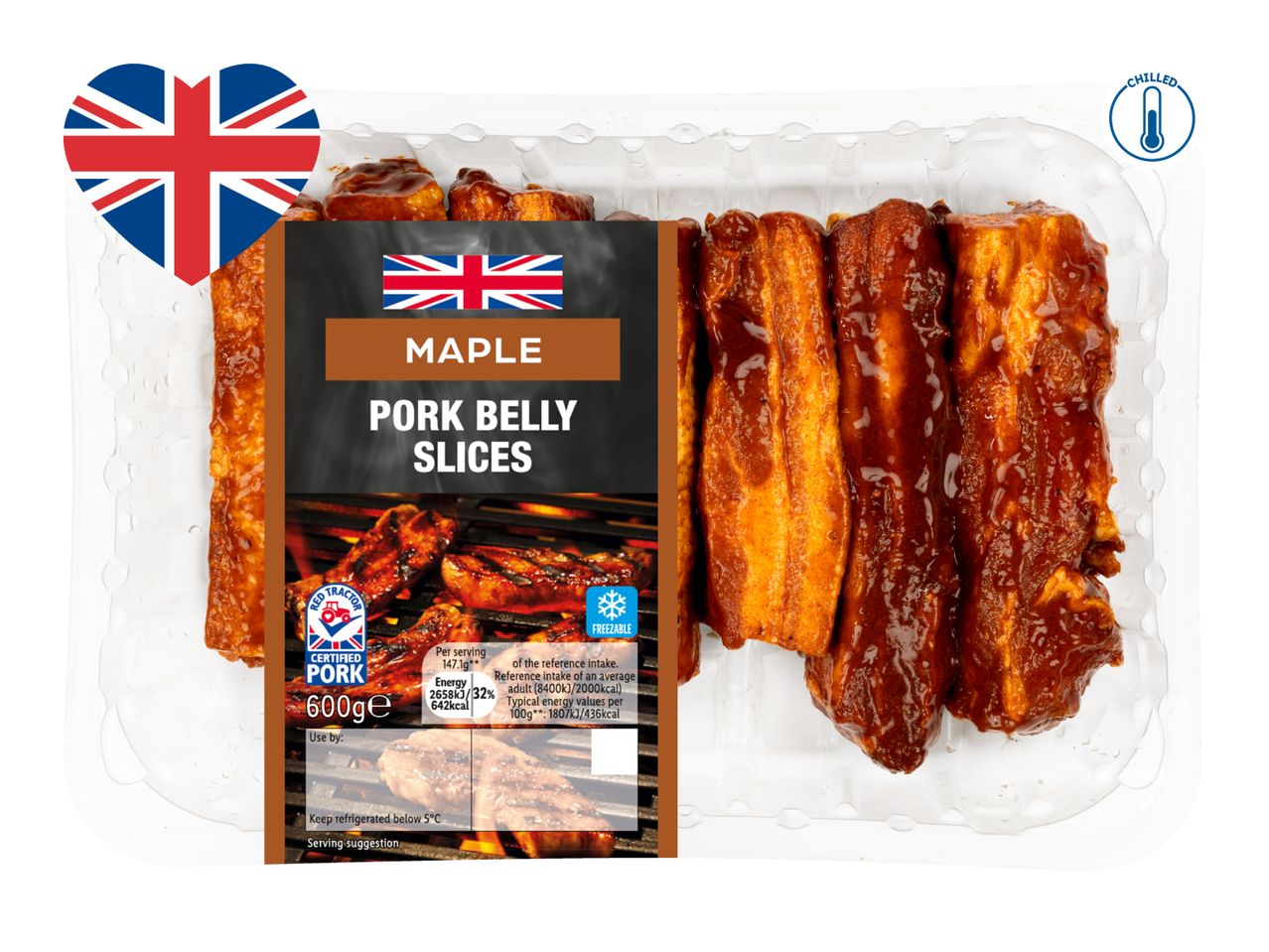 Chilled maple pork belly slices in a clear plastic tray, with a Union Jack heart.