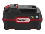 A black and red power tool battery with a charge indicator and a brand logo.