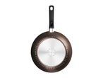 Bottom view of a frying pan with a black handle, showing induction technology and handwash only text.