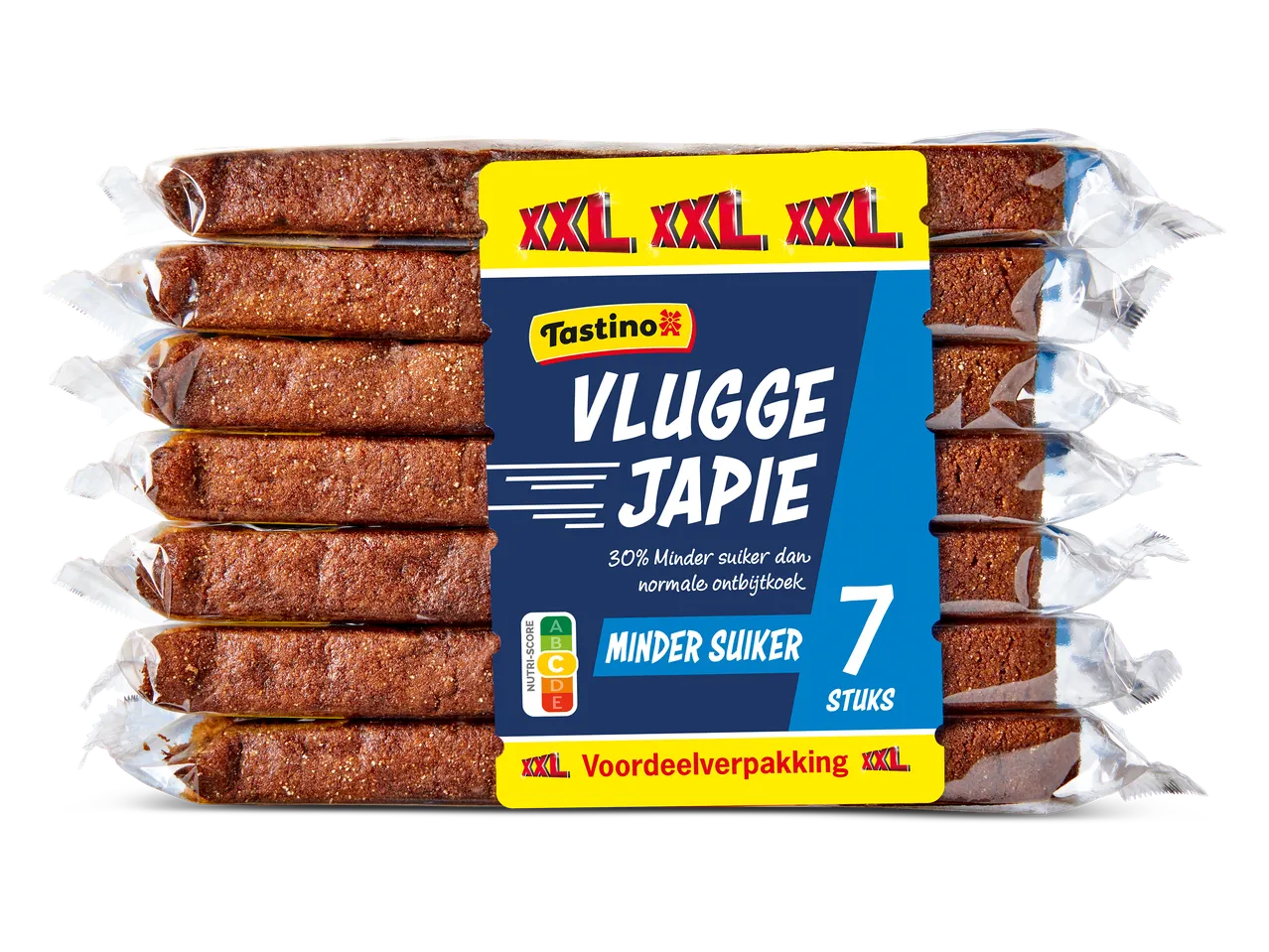 Verpakking met 7 stuks ontbijtkoek, met de tekst '30% minder suiker' en 'XXL voordeelverpakking'.