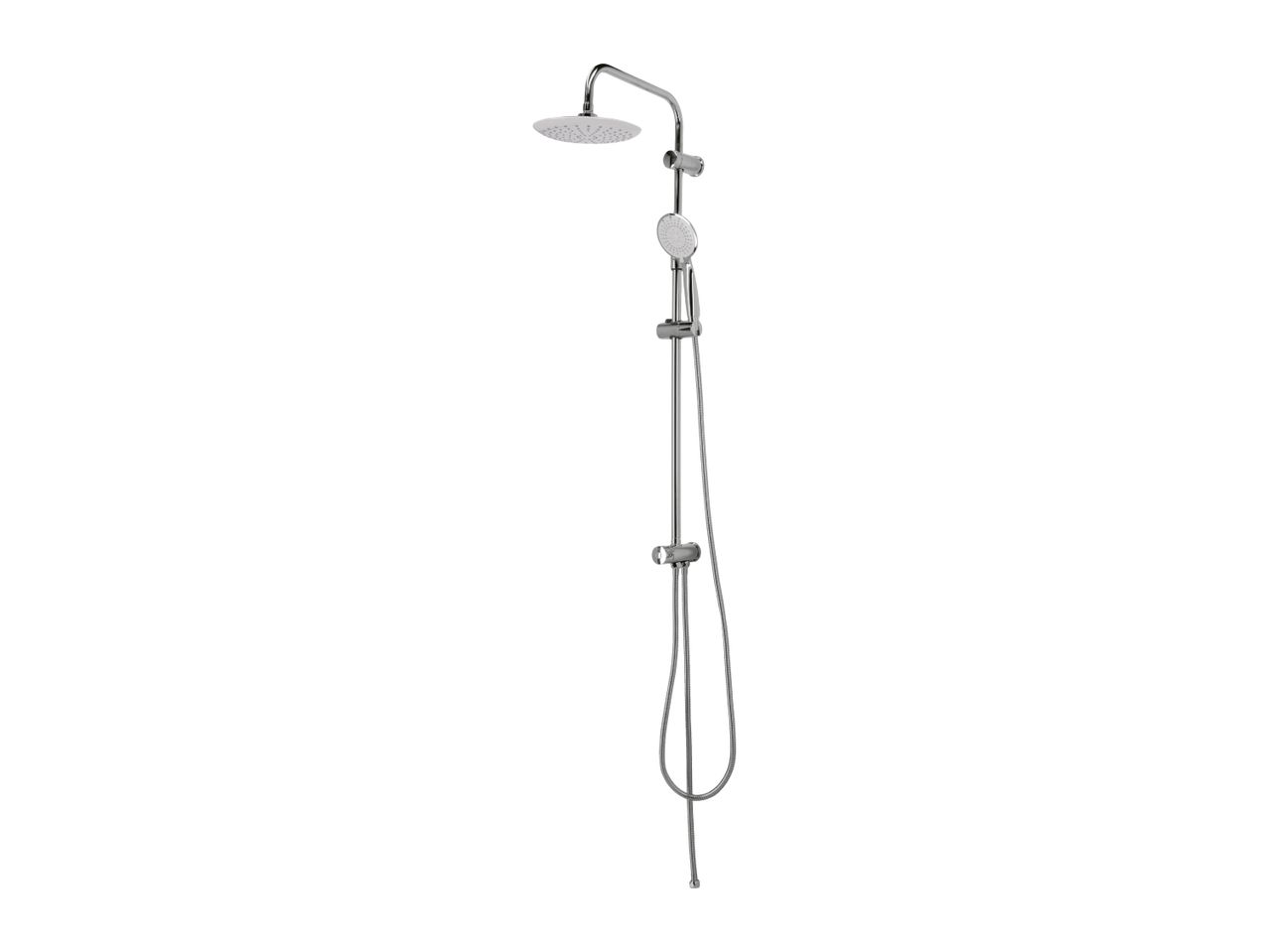 Chrome shower system with a round overhead shower and a handheld shower on a rail.