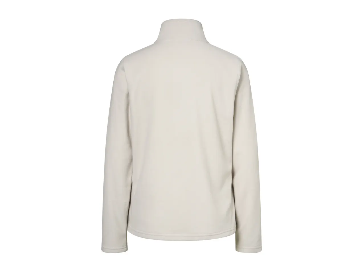 Back view of a plain beige fleece jacket with a high collar.