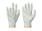 Pair of Parkside® Nitrile Gardening Gloves with lemon pattern, one glove damaged.