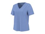 Light blue women's V-neck t-shirt, angled view.