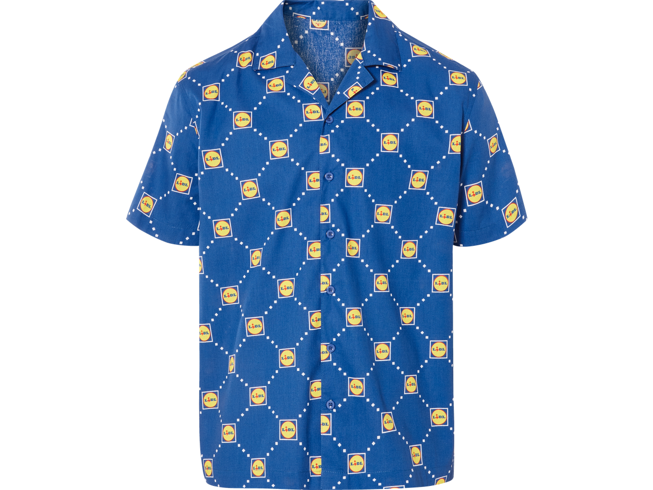 Blue short-sleeved shirt with a repeating pattern of yellow and red circular logos.