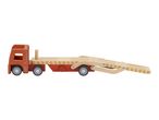 Wooden toy car transporter with an orange cab and a light wood ramp.