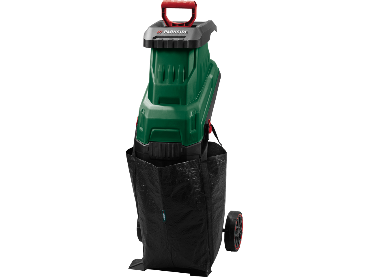 Roheline aia purustaja punase käepideme ja musta kogumiskotiga ratastel.