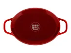 Red oval casserole dish with handles and cooking symbols on the bottom.