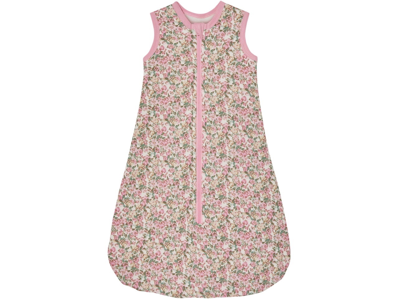 Babysövsäck med blommigt tryck och dragkedja.
