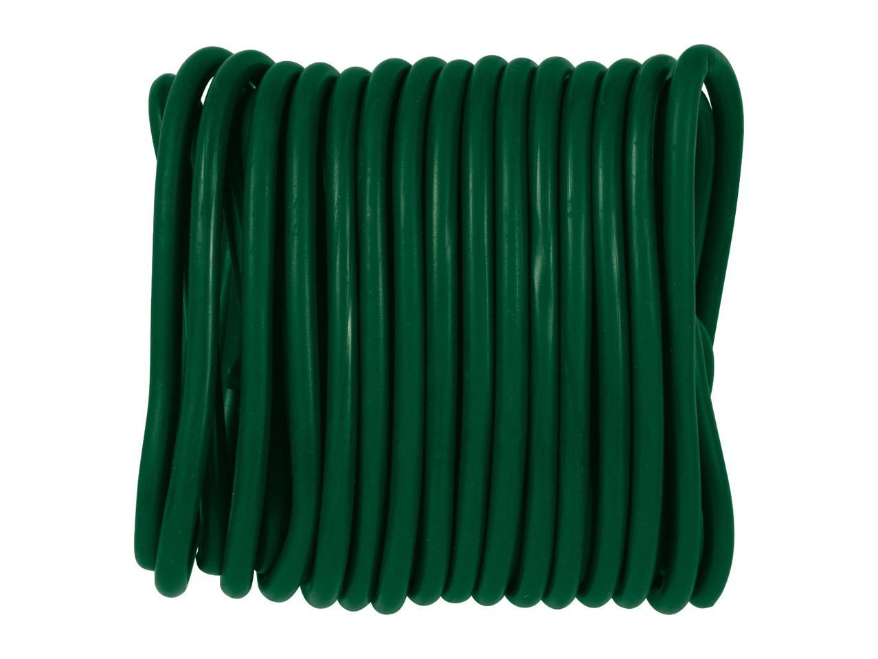 A neatly coiled bundle of dark green garden hose, ready for use.