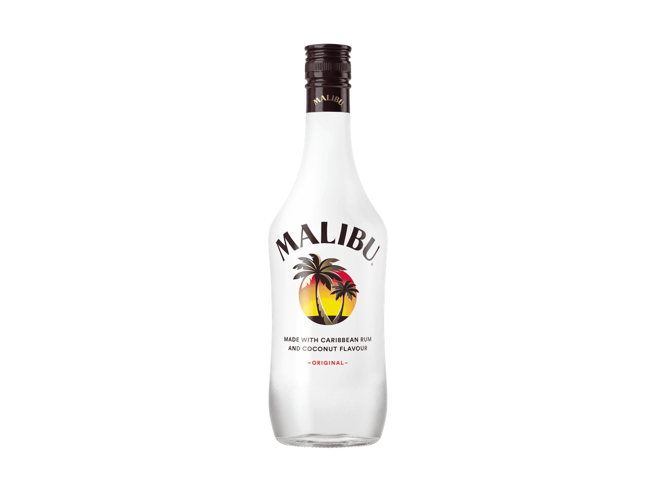 Malibu Original Kokosnuss-Rum-Likör in einer weißen Flasche mit Palmenlogo
