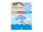 Children's learning exercises book cover with dolphins, magnifying glass, and pencil.