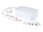 White and rose gold electric manicure/pedicure set with various attachments and a storage case.