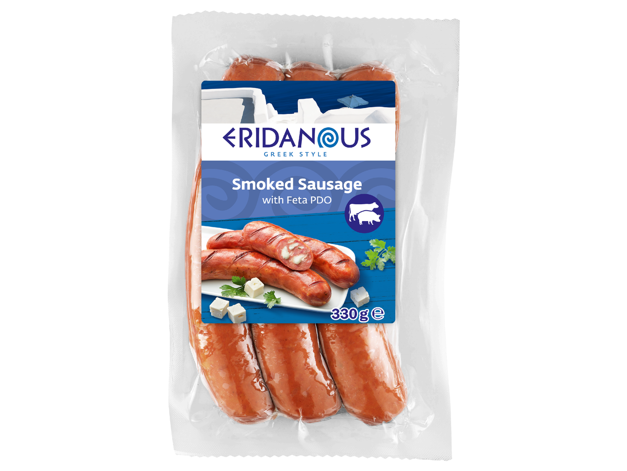 Опаковка пушени наденички с фета сирене, гръцки стил, 330гр.