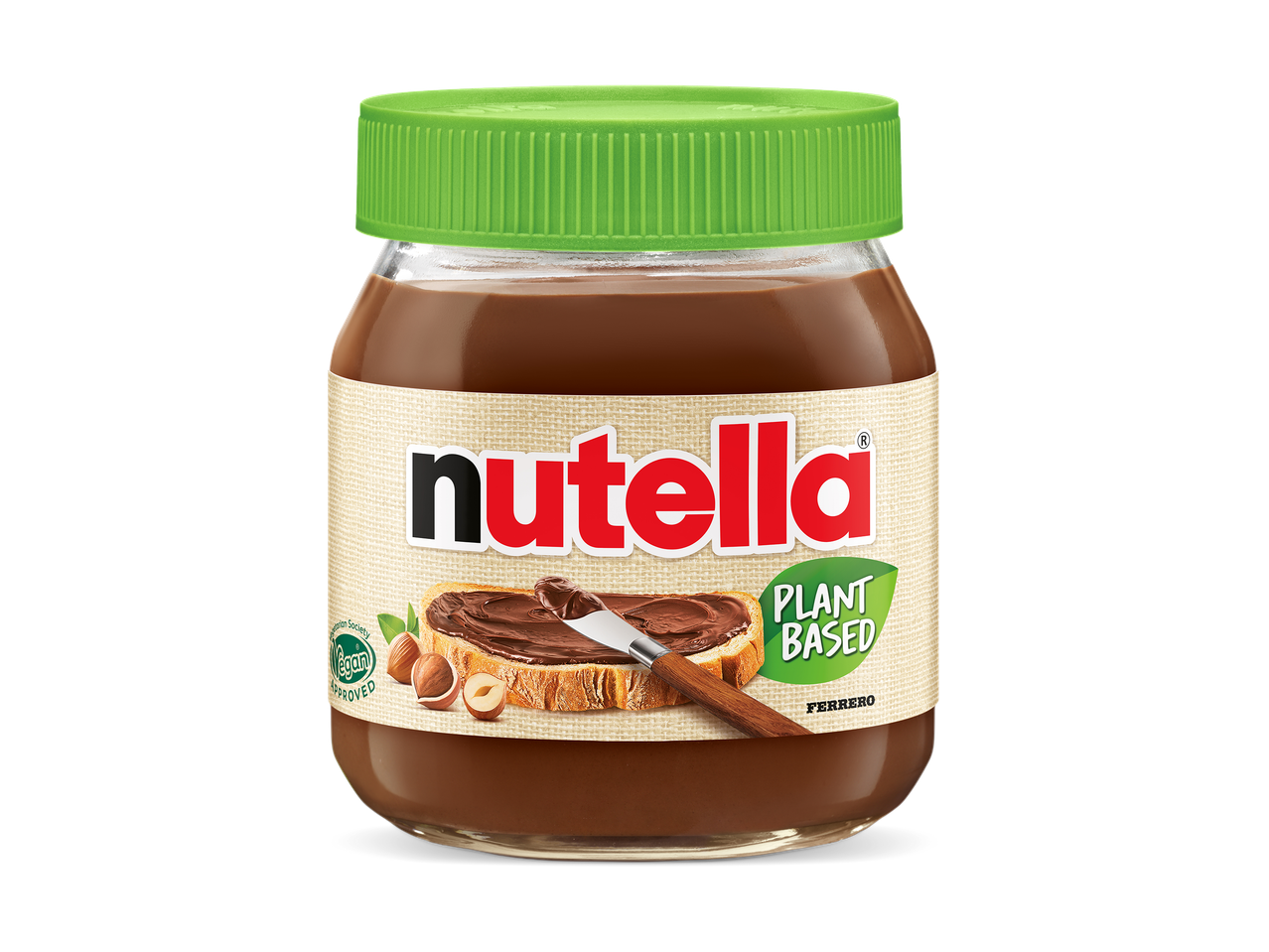 Pot chocoladepasta met groene dop, met 'Plant Based' en 'Vegan Approved' labels.
