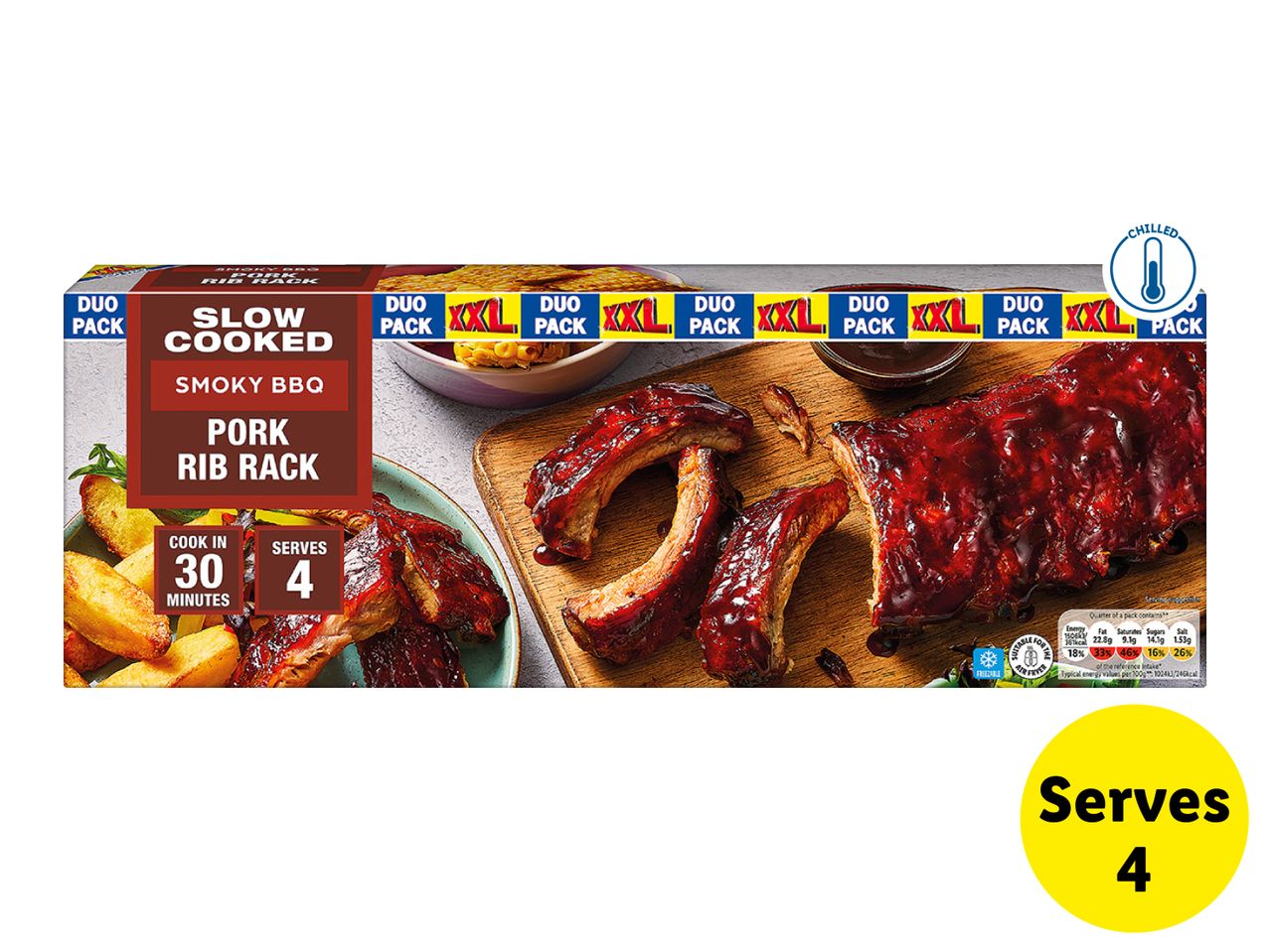 Slow-cooked smoky BBQ pork rib rack duo pack, serves 4, cooks in 30 minutes.